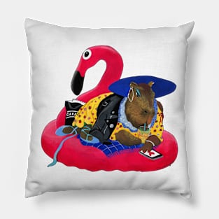 Capybara chilling on pink flamingo rubber ring Pillow