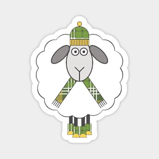 Cosy Winter Sheep With Green and Yellow Tartan Hat, Scarf and Boots Magnet