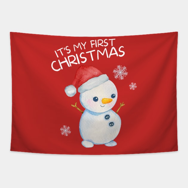 Cute Snowman Its My First Christmas Kids Gift Tapestry by Illustradise