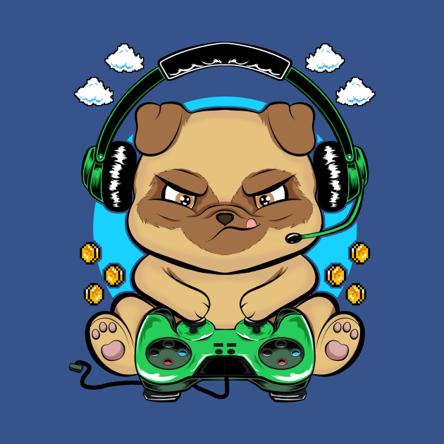 pug doggy gamer, game addicts by the house of parodies