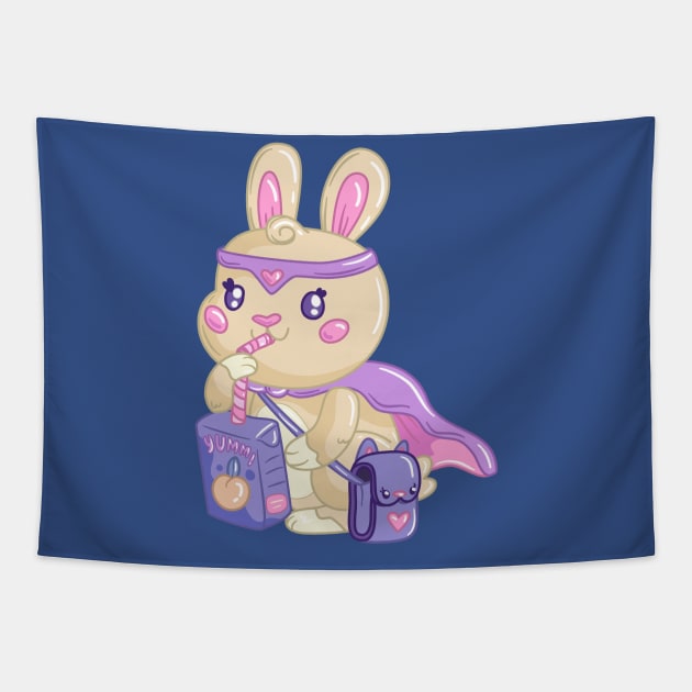 Kawaii superhero bunny drinks juice Tapestry by levinanas_art