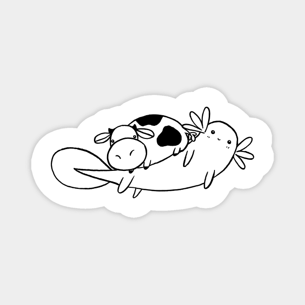 Axolotl and Tiny Cow - White and Black Line Magnet by saradaboru