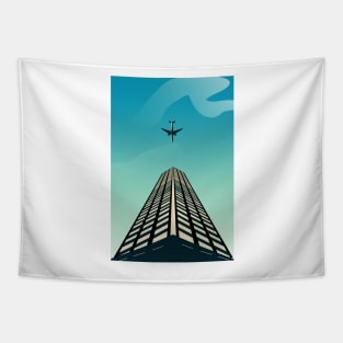 building and airplane scape illustration Tapestry