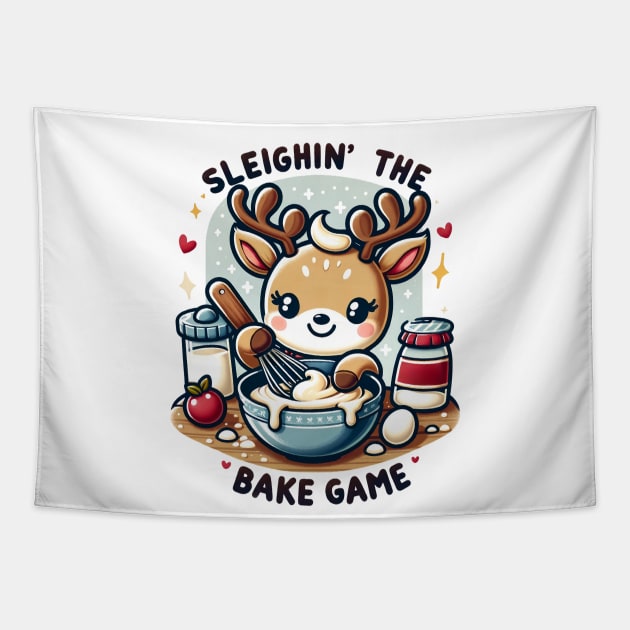 Sleighin' The Bake Game Christmas Reindeer Baking Tapestry by TheCloakedOak