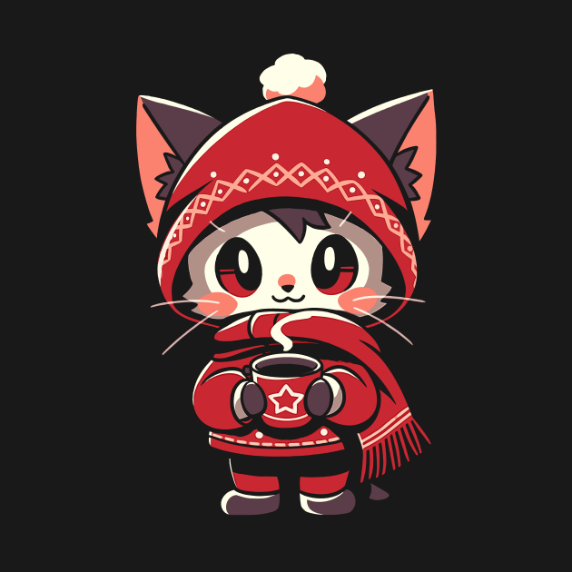 Adorable Kawaii Christmas Coffee Cat by Indigo Lake