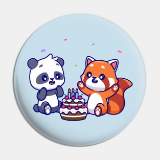 Cute Panda And Red Panda With Birthday Cake Cartoon Pin