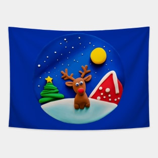 Cute Reindeer and Christmas Tree Snowy Winter Night Tapestry