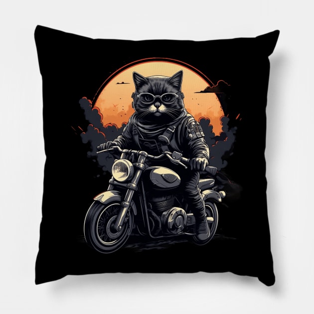 Cat Riding Motorcycle Pillow by origato