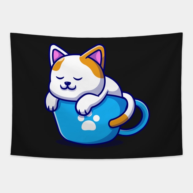 Sleeping Cat and Coffee Kawaii Blue - Cute Tapestry by Ravensdesign