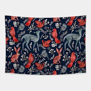 Wild Animal Deer, bird and rabbit Folk Pattern Tapestry