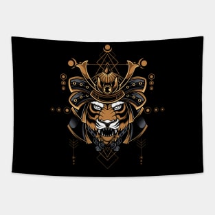 Roaring Samurai: Powerful Tiger Head with a Warrior's Helmet Tapestry