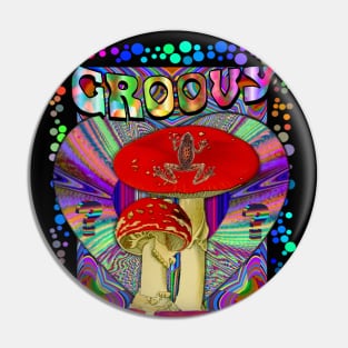 Psychedelic Groovy Magic Mushroom Frog Inner Dimension Trippy Hippy Colorful Tie Dye Shirt Mug Tapestry Sticker + More Pin