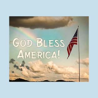 Rainbow Beaming Down on Flag God Bless America T-Shirt