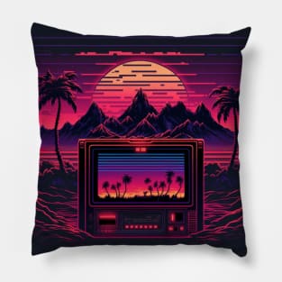 80s Gaming Console Mountains And Synthwave Sun Pillow