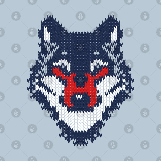 Fair isle knitting grey wolf // spot illustration // navy blue grey and red wolf by SelmaCardoso