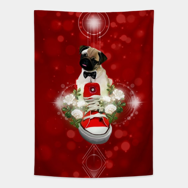 Cute little pug in a shoe with flowers Tapestry by Nicky2342