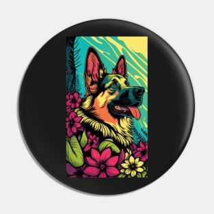 German Shepherd Dog Vibrant Tropical Flower Tall Retro Vintage Digital Pop Art Portrait 2 Pin