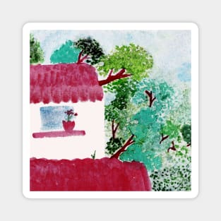 House in the forest, trees, watercolor Magnet