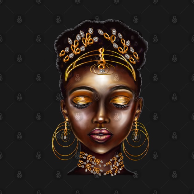 Queen Black empress beautiful black girl with Gold earrings, ornate headdress,  brown eyes looking  upwards and dark brown skin ! by Artonmytee