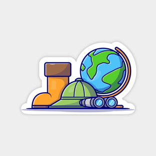 Boot Shoes with Hat, Binoculars and Globe World Cartoon Vector Icon Illustration Magnet