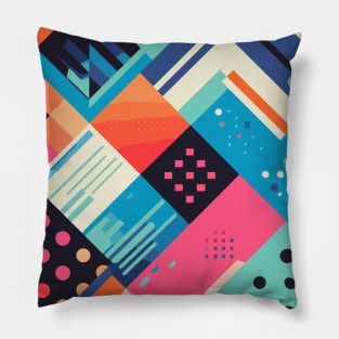 Retro Sky Blue Pink Orange Black Geometric Pattern Pillow