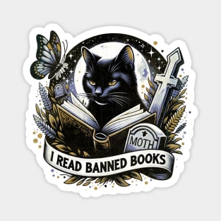 Black Cat reading a bunned books, pop grunge style, cemetery, gothic atmosphere, cats and books lovers Magnet