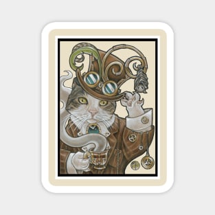 Steampunk Cat -Tea Party with Bat -White Outline Magnet