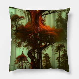 Magical Cottage Tree House with Lights in Forest, Scenery Nature Pillow