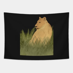 Watercolor Lioness Sitting in Tall Grass Tapestry