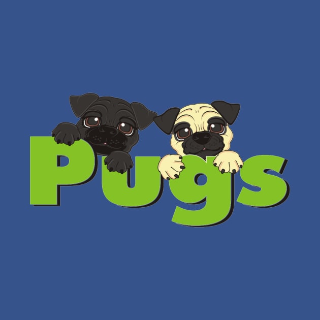 Two mops peek up from green inscription pugs by amramna