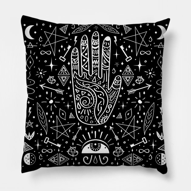 Wichcraft occult hand drawing black and white magic Pillow by Agras