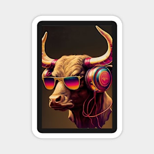 Psychedelic bull with sunglasses and headphones Magnet