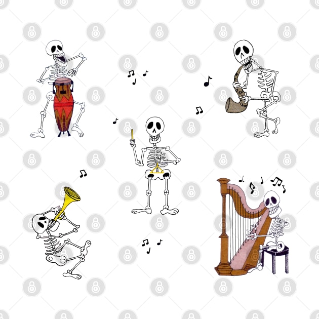 Skeleton Musicians - Harp, Conga, Sax, Trumpet and Triangle by Kathy Braceland Art