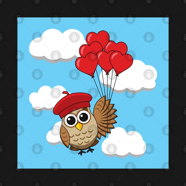 Cute Owl Flying with Heart Balloons in Blue Sky by BirdAtWork