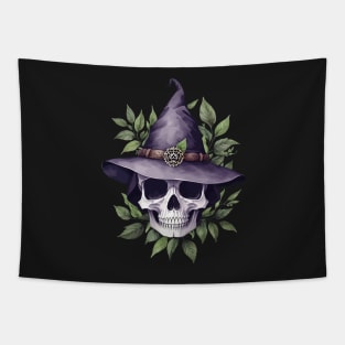 Wildcraft Witchery | Witch Skull | Witch Hat | Darkly Enchanting Skull and Herb | Earthy Skull with Leaves Tapestry