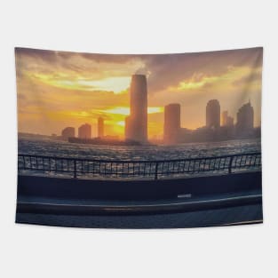 Sunset Skyline Street Lamp Bench Battery Park New York City Tapestry