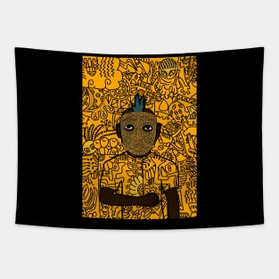 Dark Doodle Male Character with Mannequin Glyph in Mysterious Doodle Background Tapestry