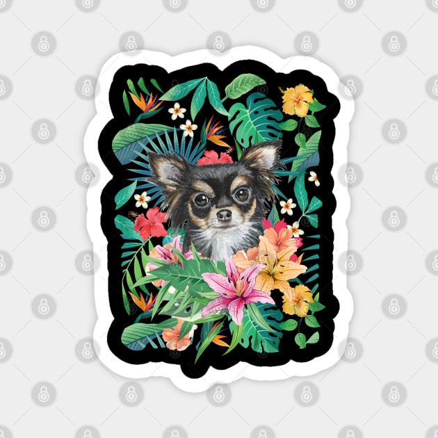 Tropical Long Haired Black Tricolor Chihuahua Magnet by LulululuPainting