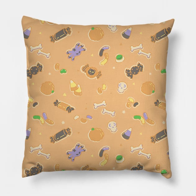 Halloween Candies Patter Orange Background Pillow by JessySketches