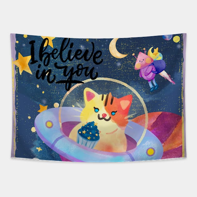 I Believe In You! Cat Finally Able To Fly in Galaxies Tapestry by Natifa