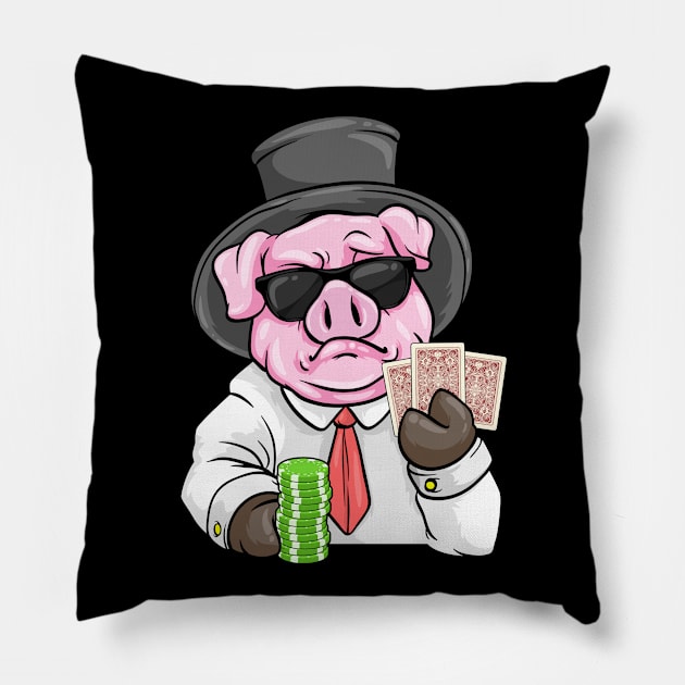 Pig at poker with Poker cards and Poker chips Pillow by Markus Schnabel