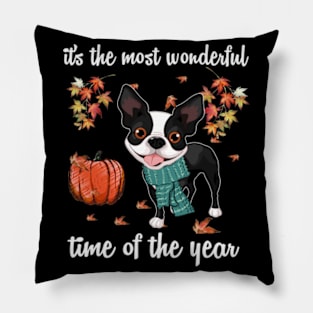 Boston Terrier Dog Autumn Fall Most Wonderful Time Maple Pillow