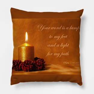 Bible quote with Christmas candle in golden light with pine cones Pillow