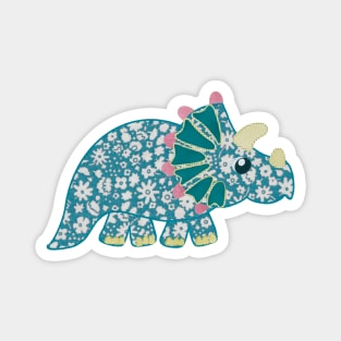 Vintage floral Triceratops Dinosaur on blue background Magnet