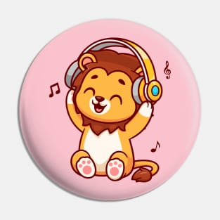 Cute Lion Listening Music With Headphone Cartoon Pin