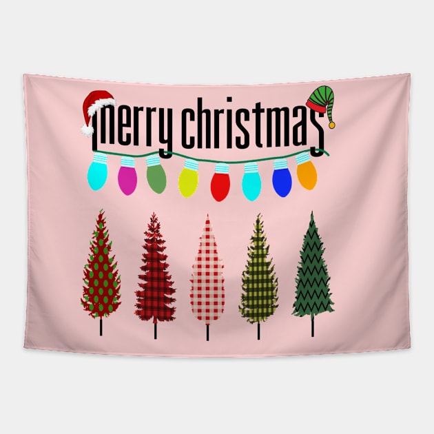 Merry Christmas, plaid Xmas trees, santa hat, elf hat and colorful Christmas lights Tapestry by Blended Designs