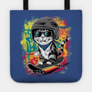 A unique and fun design featuring a stylish cat wearing a helmet and skateboarding. (3) Tote