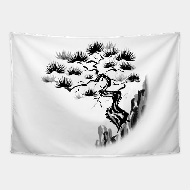 Sumi-E Pine Tree on Cliff (Transparent) Tapestry by bengman