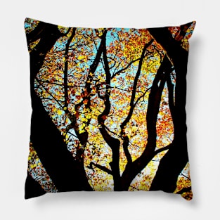 Massive branches of a beech tree with yellow leaves sunlit from behind in Canfaito forest Pillow