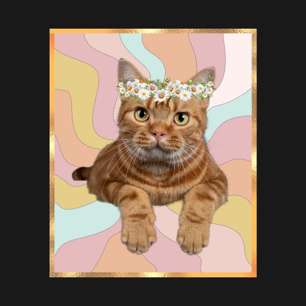 Funny 70's Hippie Cat with flower headband colorful design by Katebi Designs